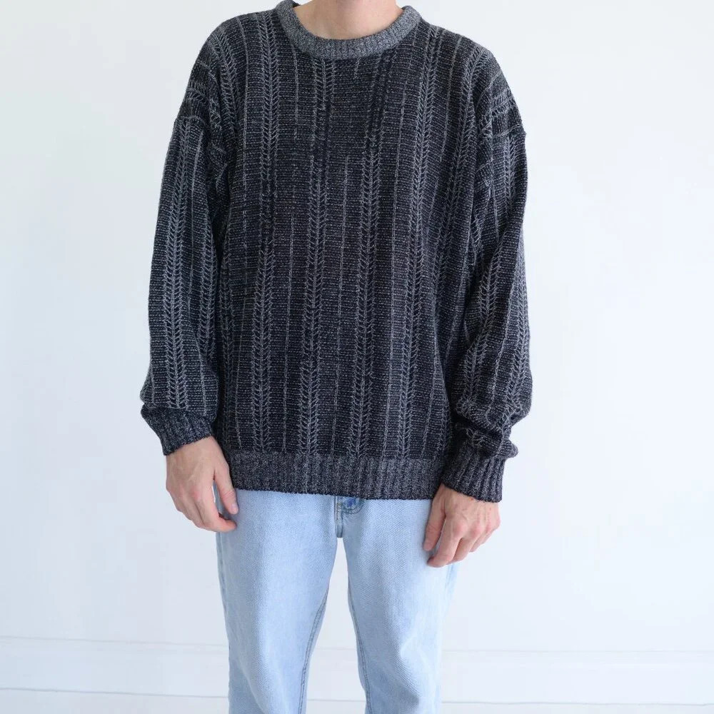 Vintage Croft & Barrow Gray and Black 3D Pattern Crew Neck Sweater XL (8% Wool)